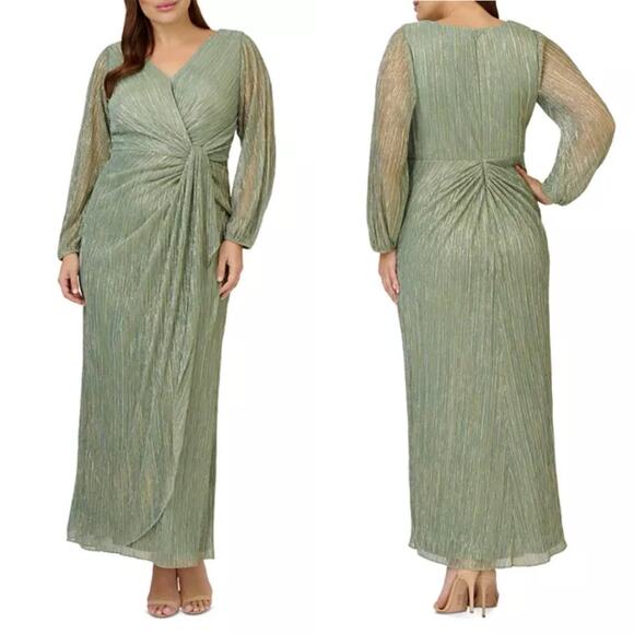 Adrianna Papell Plus Metallic Mesh Draped Gown Green Slate Long Sleeve Dress 14W - Picture 1 of 7